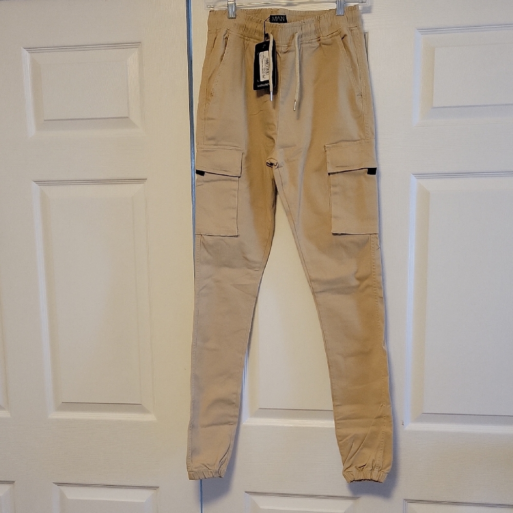 Boohoo Mens Beige Cargo Pants